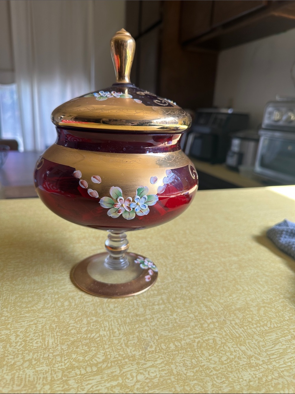 Hand-Painted Ruby Red and Gold Glass Candy Dish with Lid